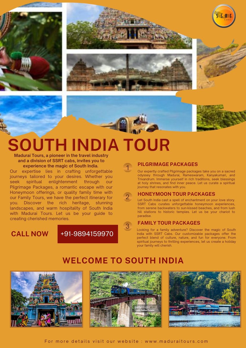 SSRTCABS's tweet photo. Discover South India with SSRT Cabs. We offer crafted family tour packages that cater to every interest, from spiritual exploration to thrilling adventures. Itineraries cover landscapes of Kerala, Karnataka, &amp; Tamil Nadu, ensuring unforgettable memories for every family member. https://t.co/0YXAJrqN2z