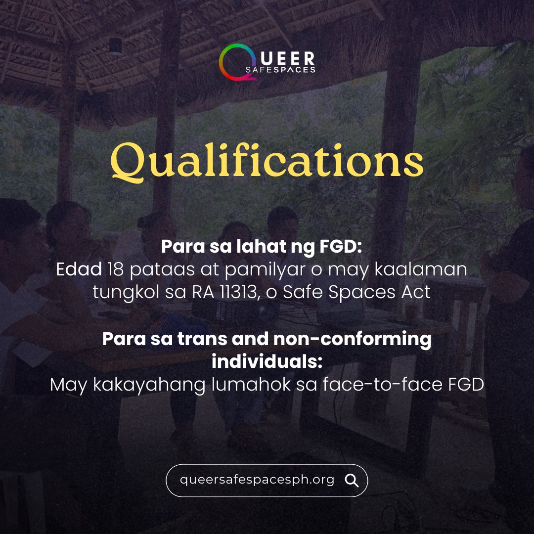 queersafespaces's tweet photo. 📣 CALL FOR FGD PARTICIPANTS 📣
🔗 Scan the QR code or sign up via this link to join: https://t.co/J1cPT1kb3k
⏰DEADLINE: AUGUST 15, 2024 ⏰
#SafeSpacesAct #FocusGroupDiscussion #SOGIESC #GenderEquality #QueerSafeSpaces https://t.co/uzcJKNEhpK