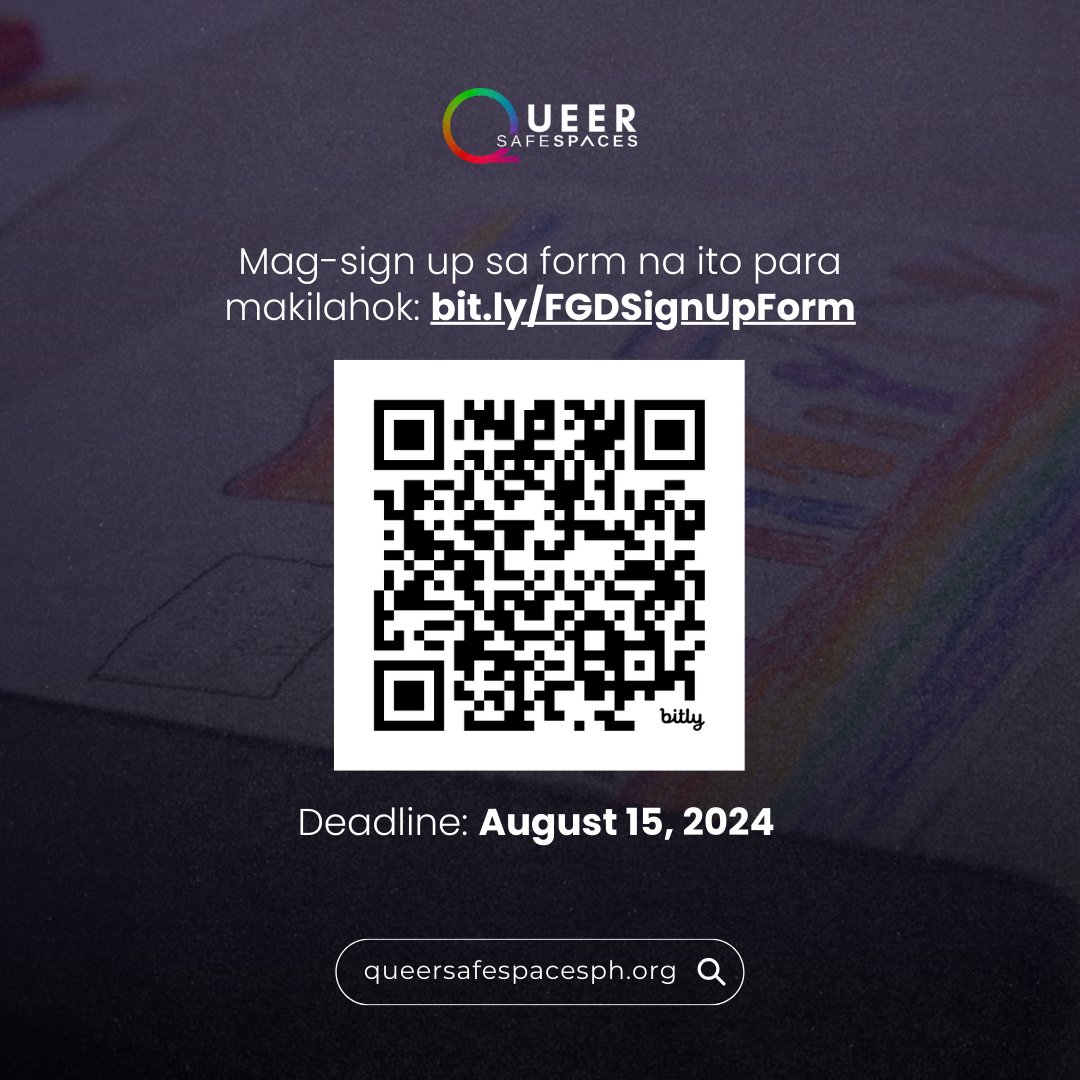 queersafespaces's tweet photo. 📣 CALL FOR FGD PARTICIPANTS 📣
🔗 Scan the QR code or sign up via this link to join: https://t.co/J1cPT1kb3k
⏰DEADLINE: AUGUST 15, 2024 ⏰
#SafeSpacesAct #FocusGroupDiscussion #SOGIESC #GenderEquality #QueerSafeSpaces https://t.co/uzcJKNEhpK