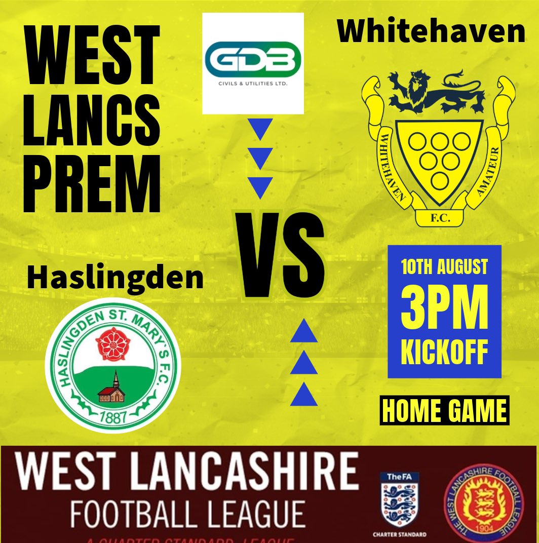 whitehavenafc's tweet photo. GAME DAY! 
Game 3, see us welcome league newcomers @HassyMarysFC to the county ground. Bar Open from 2pm 🍺 come down the ☀️ out. C’mon Haven 💛💙 https://t.co/eIuZn3nkV1