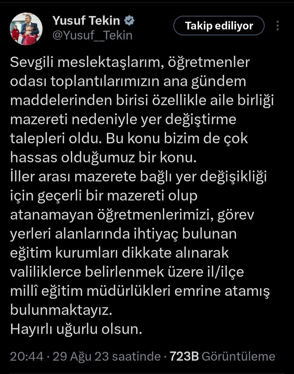 Sayın bakanım, geçen yıl çok hassas olduğunuzu belirttiğiniz bir konuda bu yıl neden mağduriyet oluşturacak kararlar alınıyor. Geçen yıl bu konu hassastı da bu yıl mı hassaslığını kaybetti. Lütfen bu konuda gerekli adımı atın. Binlerce öğretmen ve ailesi mağduriyet yaşamasın. Bu
