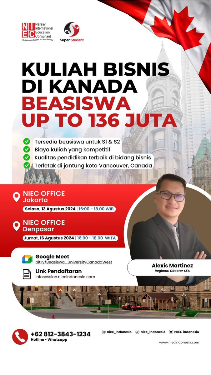 Pengen kuliah bisnis? Di Kampus ini aja‼️🥳 Di sini kuliahnya fokus banget buat ngembangin karier, jadi saat kamu lulus langsung siap kerja!

daftar GRATIS di

infosession.niecindonesia.com/detail/kuliah-…

#kuliahdikanada #studyabroad #infokuliahdiluarnegeri