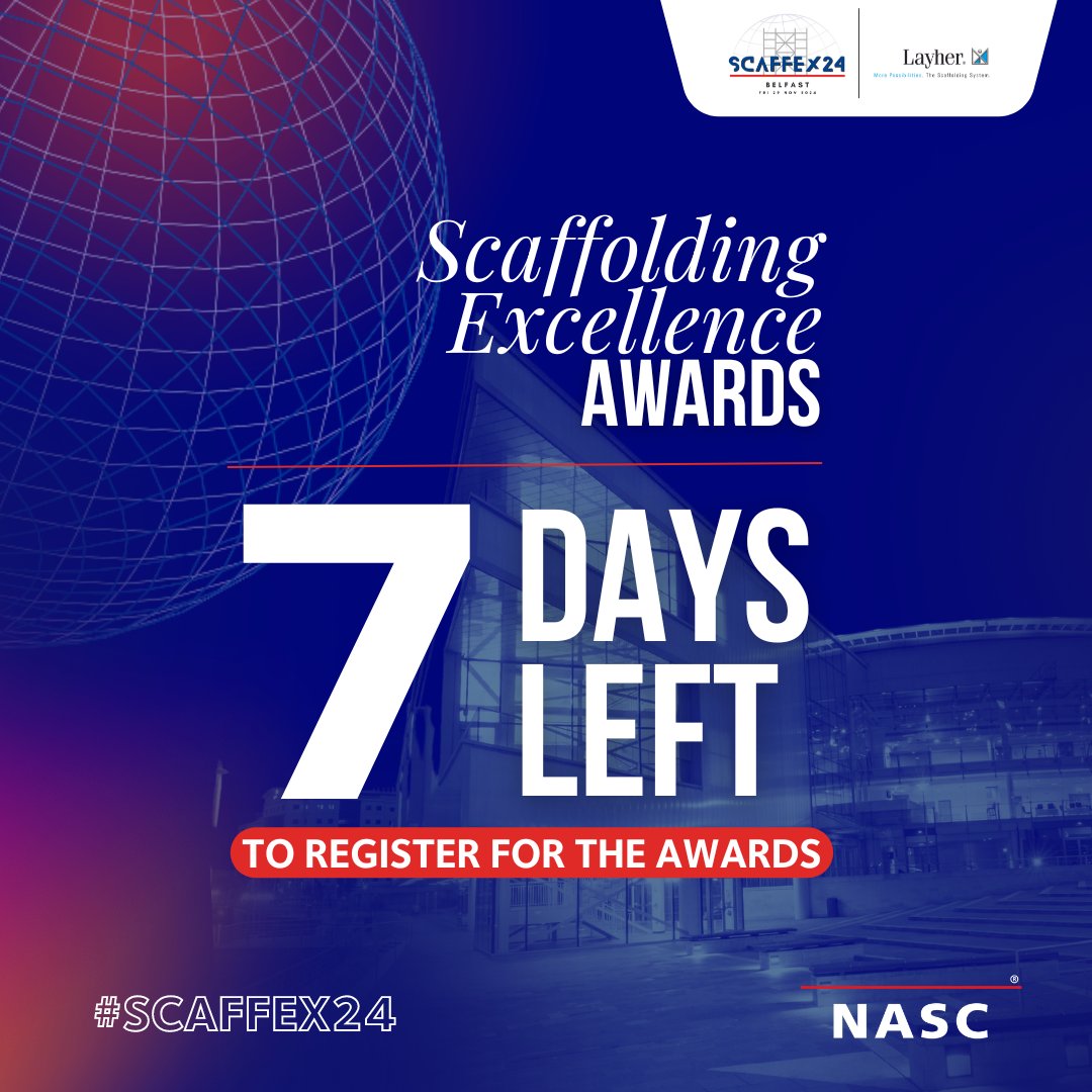 ⏳ Only 7 days left to enter the Scaffolding Excellence Awards!​

Improve your prestige and join the best in the industry - enter now for a chance to win and earn well-deserved recognition. Entries close at 12pm on 16th August 2024.​

Enter now at nasc.org.uk/2024-nasc-ball…