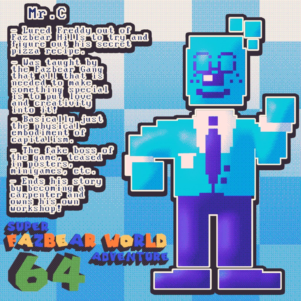 JAYCEIZALOZERR's tweet photo. Meet Mr.C (the C stands for Capitalism!) 

The Antognist of Super Fazbear World Adventure 64! Now on the Nintendo 64! 

#homicidalhurricanes #fnaf #fnafau #fnafart #fnaffanart #animdude #fnafworld https://t.co/5OrxQtGiWX