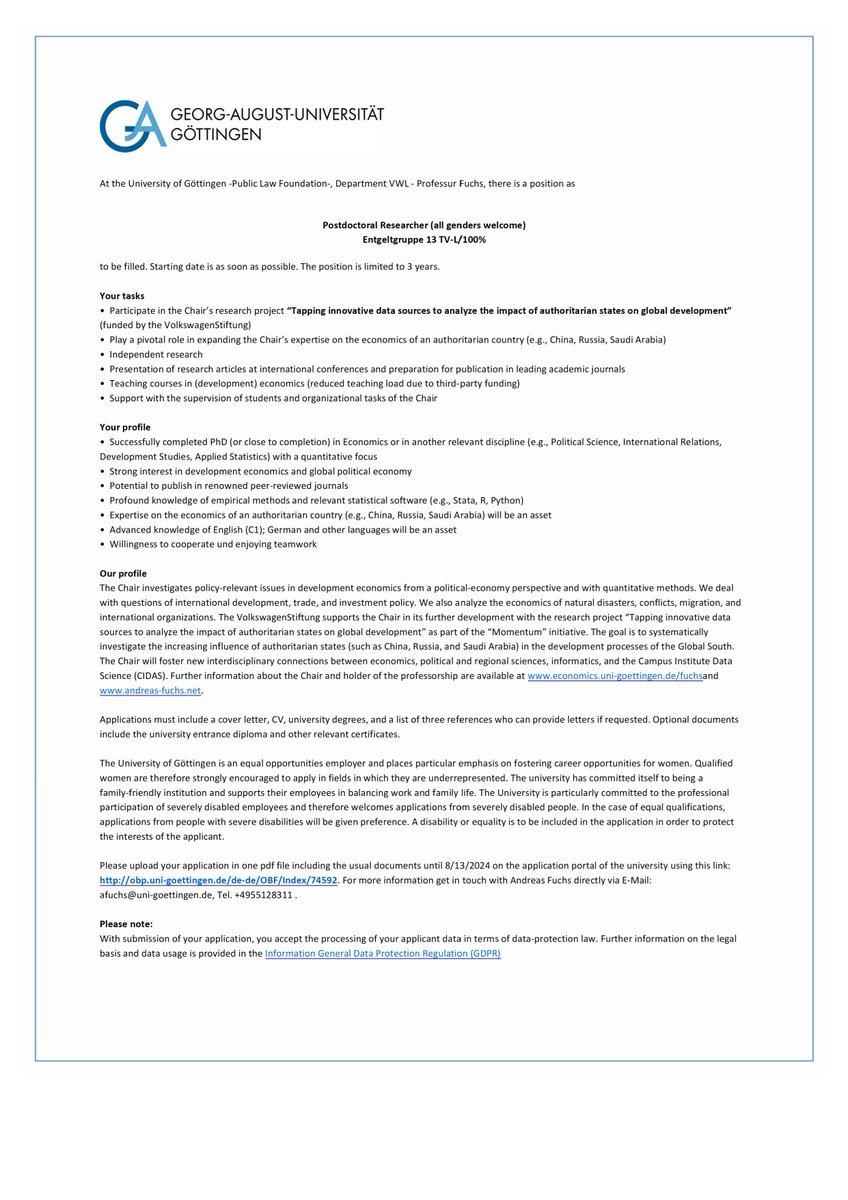 fuchs_andreas's tweet photo. APPLY NOW for an Assistant Professor, Postdoc, or PhD position at my Chair at @uniGoettingen @wiwigoettingen , linked to our new project "Tapping innovative data sources to analyze the impact of authoritarian states on global development"; details here 👇 #econjobs https://t.co/JkrslRVm7v