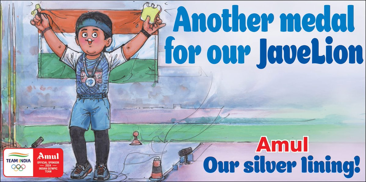 Amul_Coop's tweet photo. #Amul Topical: Neeraj Chopra wins historic medals at successive Olympics! https://t.co/Ug7c3YyTzD