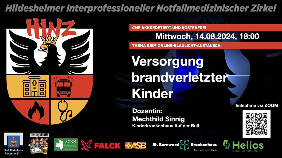 Mittwoch ist wieder HINZ Zeit. Mechthild Sinnig vom Kinderkrankenhaus auf der Bult redet mit uns über die Versorgung  brandverletzter Kinder

Wie immer CME akkreditiert und kostenfrei.

us06web.zoom.us/j/86720299233?…

@agnn_ev
