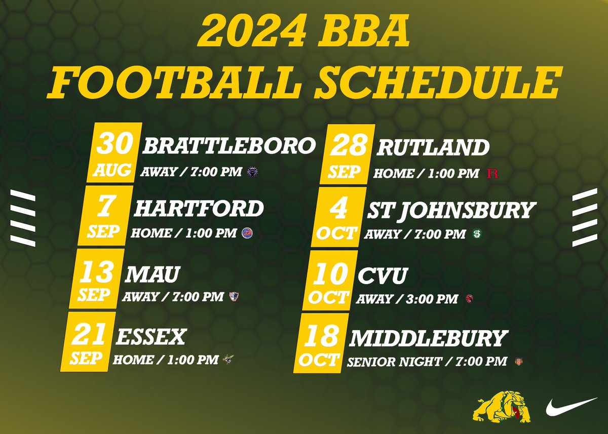 ThomasMcCoyJr34's tweet photo. Burr &amp; Burton Academy 2024 Football Schedule
                  💚💛 https://t.co/g8Pmei0gKF