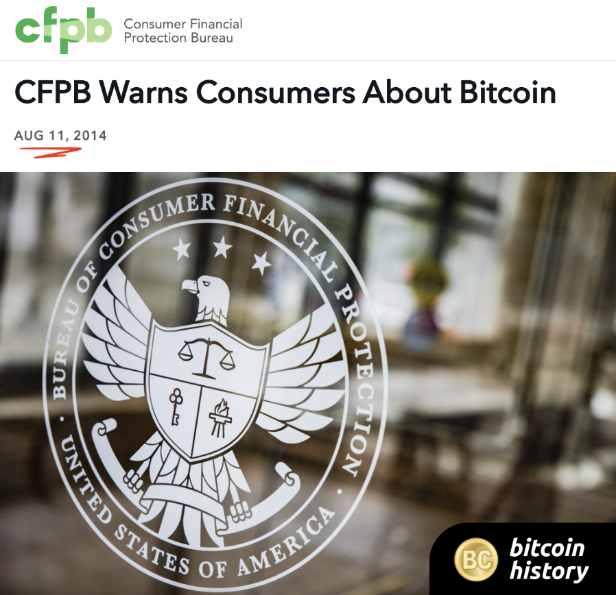 pete_rizzo_'s tweet photo. ✨ The CFPB warning that #Bitcoin was too "risky" and "volatile" at $500, exactly 10 years ago  

The US dollar is down 99% against it ever since 💀 https://t.co/j8yc8jCFGa