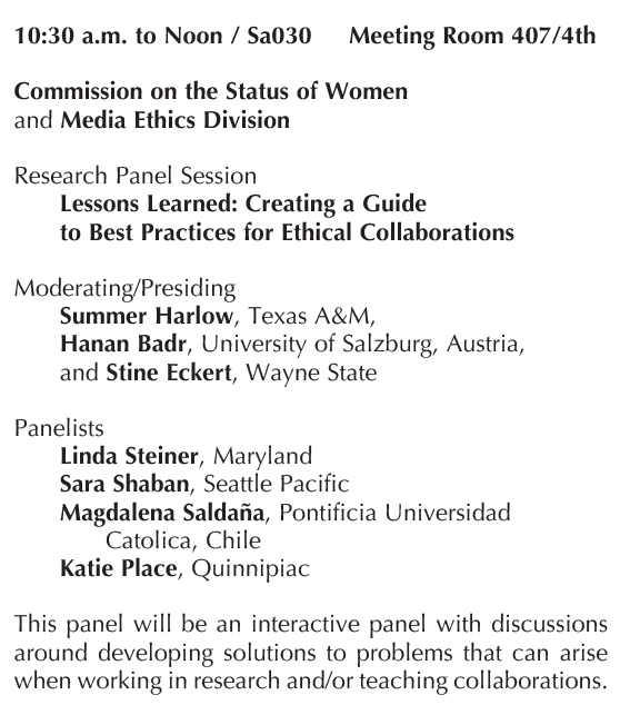 Magdalena Saldaña (@magdalenasaldan) on Twitter photo Join us today in this interactive panel on best practices for ethical collaborations! organized by <a href="/SummerDHarlow/">Summer Harlow, Ph.D.</a> <a href="/HananBadr/">@HananBadr</a> <a href="/StineEckert/">Stine Eckert</a> at 10:30, Meeting Room 407 🌞
<a href="/AEJMC/">AEJMC</a> #AEJMC24 Join us today in this interactive panel on best practices for ethical collaborations! organized by <a href="/SummerDHarlow/">Summer Harlow, Ph.D.</a> <a href="/HananBadr/">@HananBadr</a> <a href="/StineEckert/">Stine Eckert</a> at 10:30, Meeting Room 407 🌞
<a href="/AEJMC/">AEJMC</a> #AEJMC24