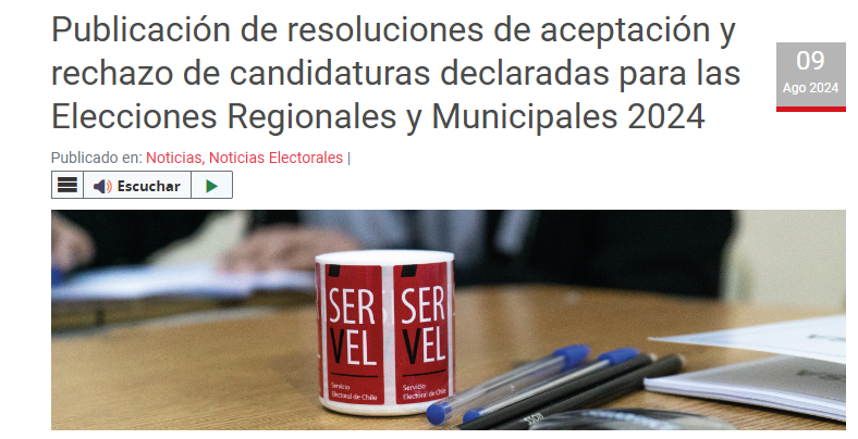 ¿Quieres ver qué candidaturas fueron aceptadas y rechazadas para las siguientes elecciones 2024? 

servel.cl/2024/08/09/pub…

Nota: Reclamaciones e impugnaciones podrán ser presentadas ante los Tribunales Electorales Regionales desde el 11 al 15 de agosto, según indica el SERVEL