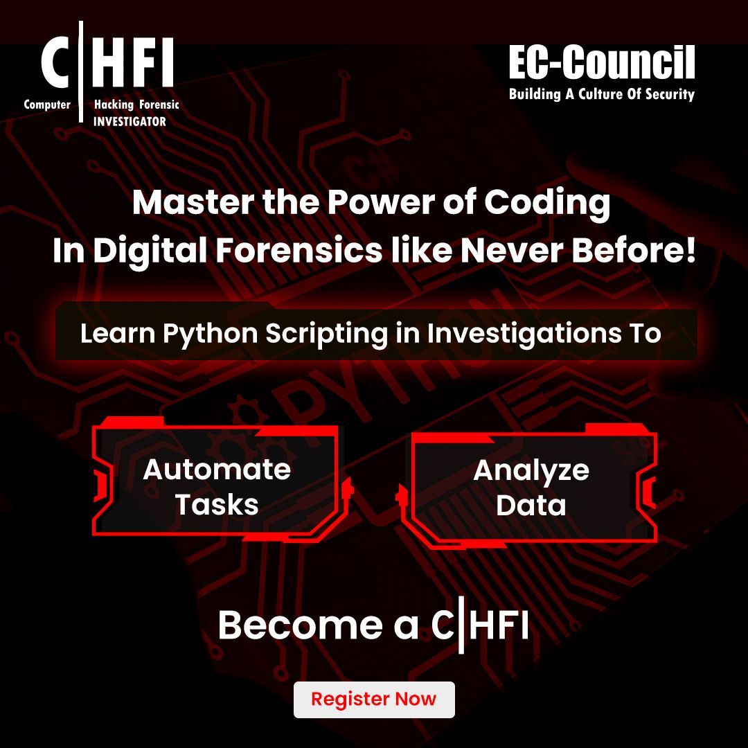 ECCOUNCIL's tweet image. Unleash the potential of #Coding in #DigitalForensics! Master #PythonScripting to automate tasks and analyze data efficiently.
Know more: buff.ly/4bnTBGF
#ECCouncil #CHFI #DFIR #Cybersecurity #ComputerForensics #CyberForensics #ForensicsTraining #ForensicAnalysis