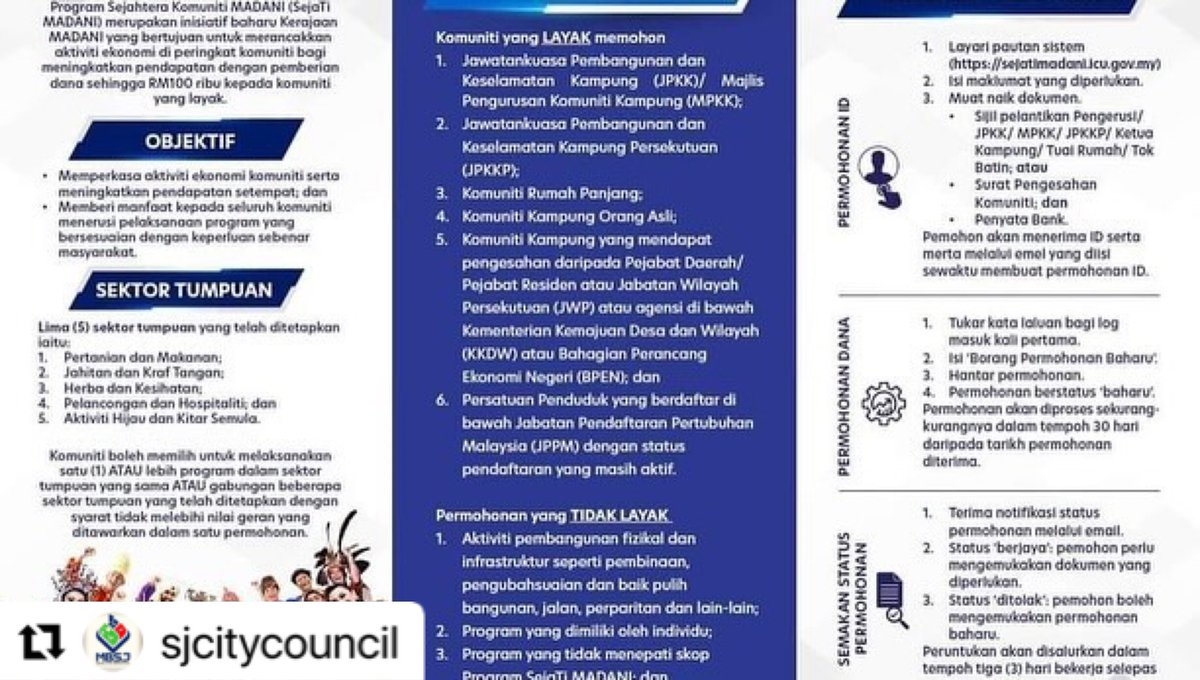 SJcitycouncil's tweet image. Majlis Perwakilan Penduduk - MPP Zon 4 MBSJ akan mengadakan satu Taklimat Geran SeJati Madani pada Ahad ini 11 Ogos 2024. 

Geran yg ditawarkan oleh Kerajaan Madani boleh dipohon dgn jumlah antara RM50K hingga RM100K utk Komuniti yg Layak.

#mpp4
#mbsj
#SejatiMadani
@highlight