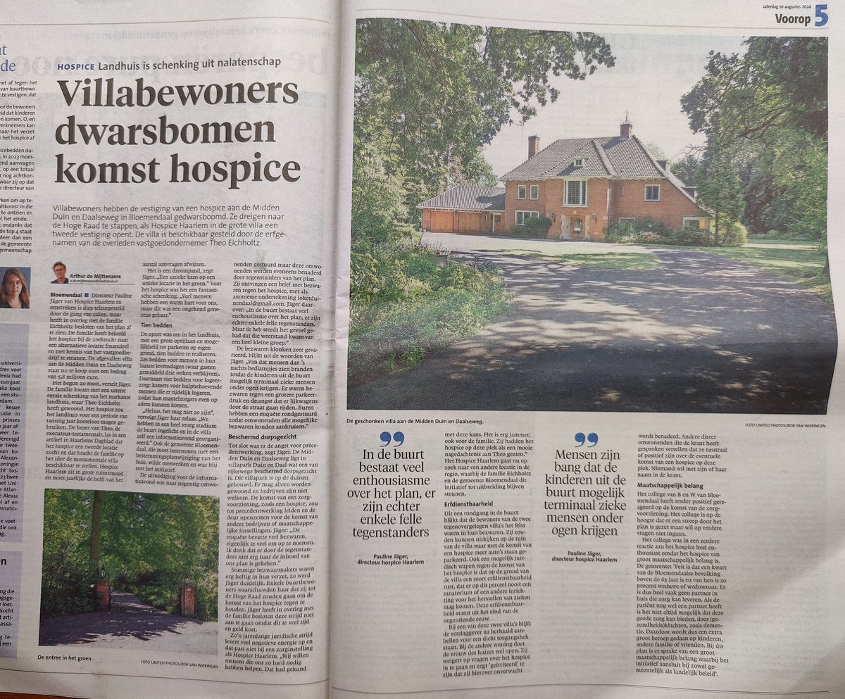 Verbluffend. Het gehele artikel over de acties van villabewoners van de Midden Duin en Daalseweg in #Bloemendaal die zelfs bereid waren ‘om tot de Hoge Raad’ te procederen als er een hospice in hun straat zou komen.