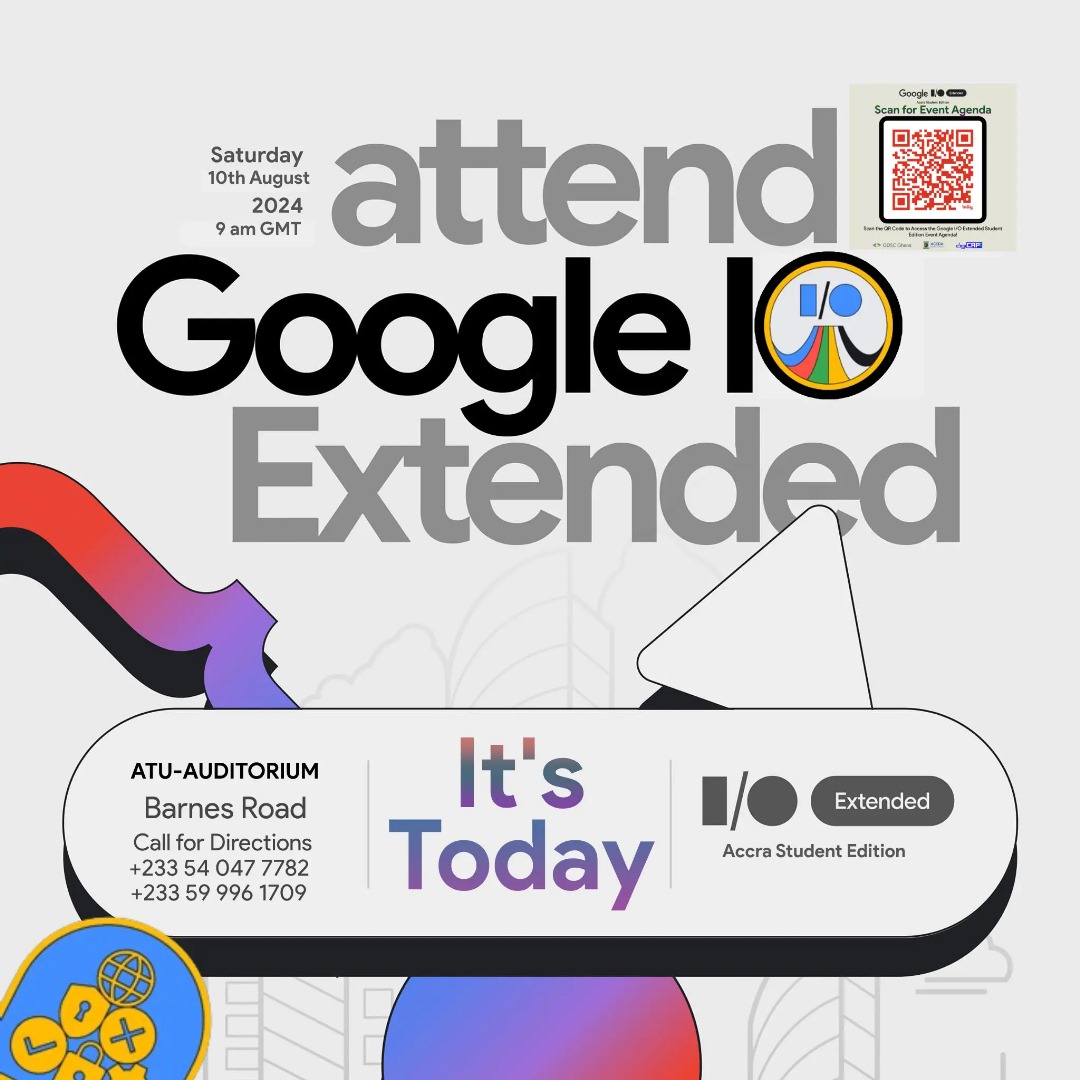 Gdsc_uenr's tweet image. 📢 Happening Today: Google I/O Extended Accra Student Edition! 🎉

🗓 Date: 10th August 2024
⏰ Time: 9:00 AM
📍 Venue: Accra Technical University (ATU) Auditorium

See you there! 🚀

#GoogleIOExtended #TechEvent #StudentEdition #AccraTec