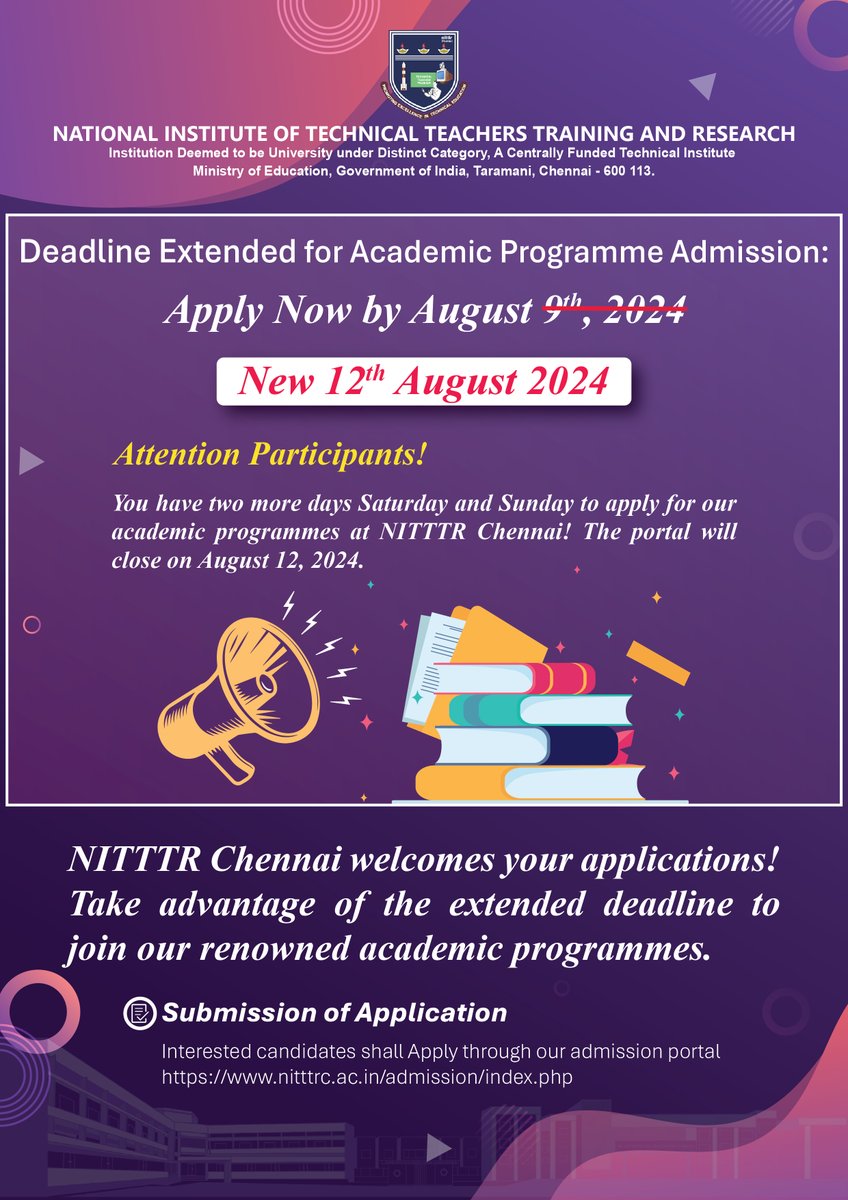 nitttr_chennai's tweet image. Final Call!🎓  Admissions to NITTTR Chennai extended until August 12, 2024. Don’t miss out apply today!

Apply now through our admission portal:
nitttrc.ac.in/admission/inde…

#NITTTRChennai #ExtendedDeadline

@EduMinOfIndia @dpradhanbjp @PIB_India
