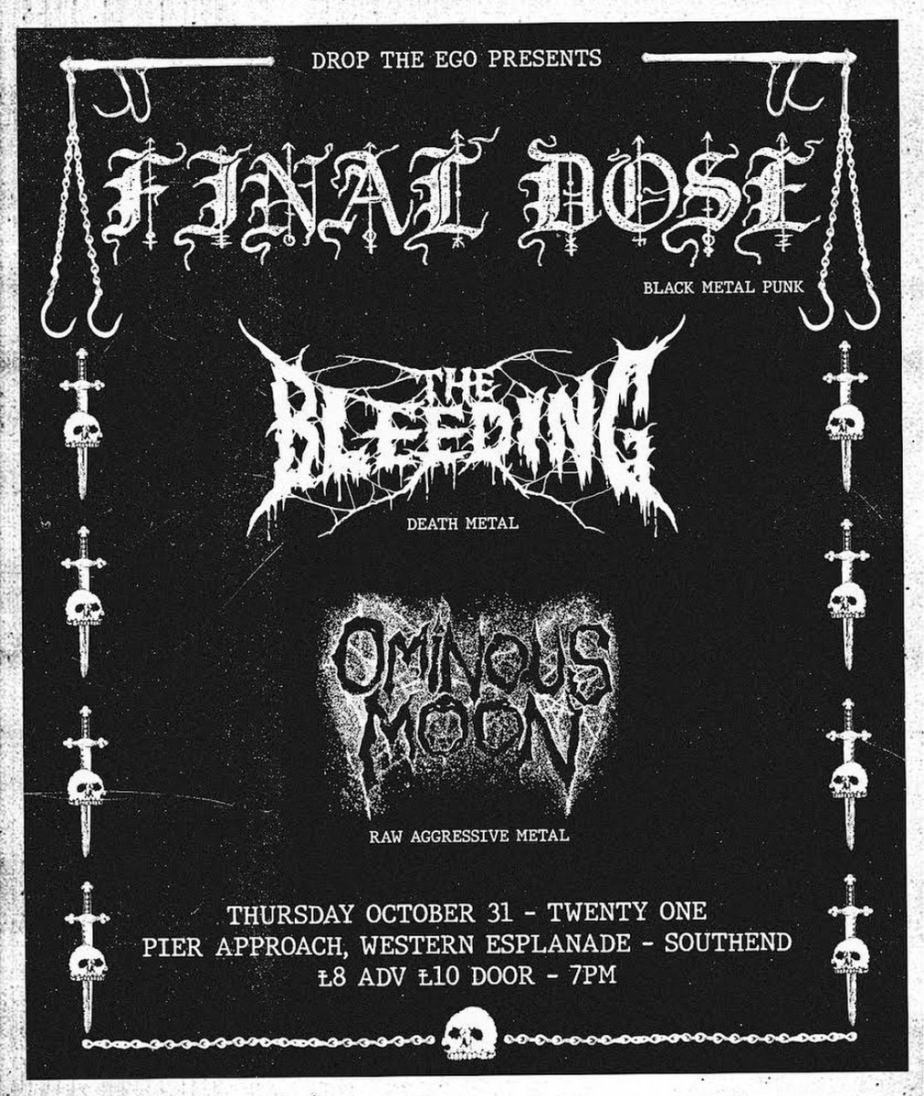 This Halloween, catch <a href="/thebleedingband/">The Bleeding</a> in Southend, UK for a gruesome night of death metal, punk, black metal, and hardcore.  💀🗡 #finaldose #thebleeding #redefiningdarkness