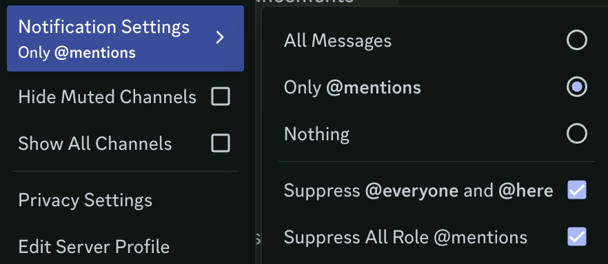 mttni's tweet photo. Discord muscle memory is real whenever I join a new server I just suppress everything

I wish there was a setting to do this by default https://t.co/aMBR0w8EWo