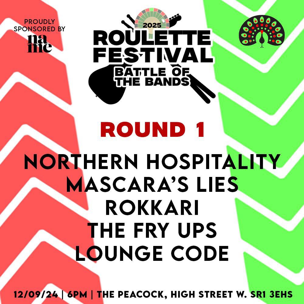 RouletteFestNE's tweet photo. 🎸 ROUND 1 🎸
Here’s your reminder that these five excellent bands will be performing on the 12th September at The Peacock for a chance to win a spot at Roulette Festival 2025! Grab your tickets to make sure your favourite band makes it through! Ticket link in bio. https://t.co/jZ9qhNW2Y4