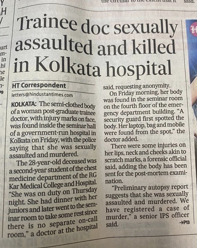 <a href="/indSupremeCourt/">Supreme Court of India</a>
<a href="/PMOIndia/">PMO India</a>
Doctor brutally raped &amp; murdered in hospital during night duty hrs. An ugly blow on fearless provision of medical service, women safety &amp; public law alike. The guilty must be fetched soon &amp; given an exemplary severe punishment. 

youtu.be/g2HtEBNkjNQ?si…