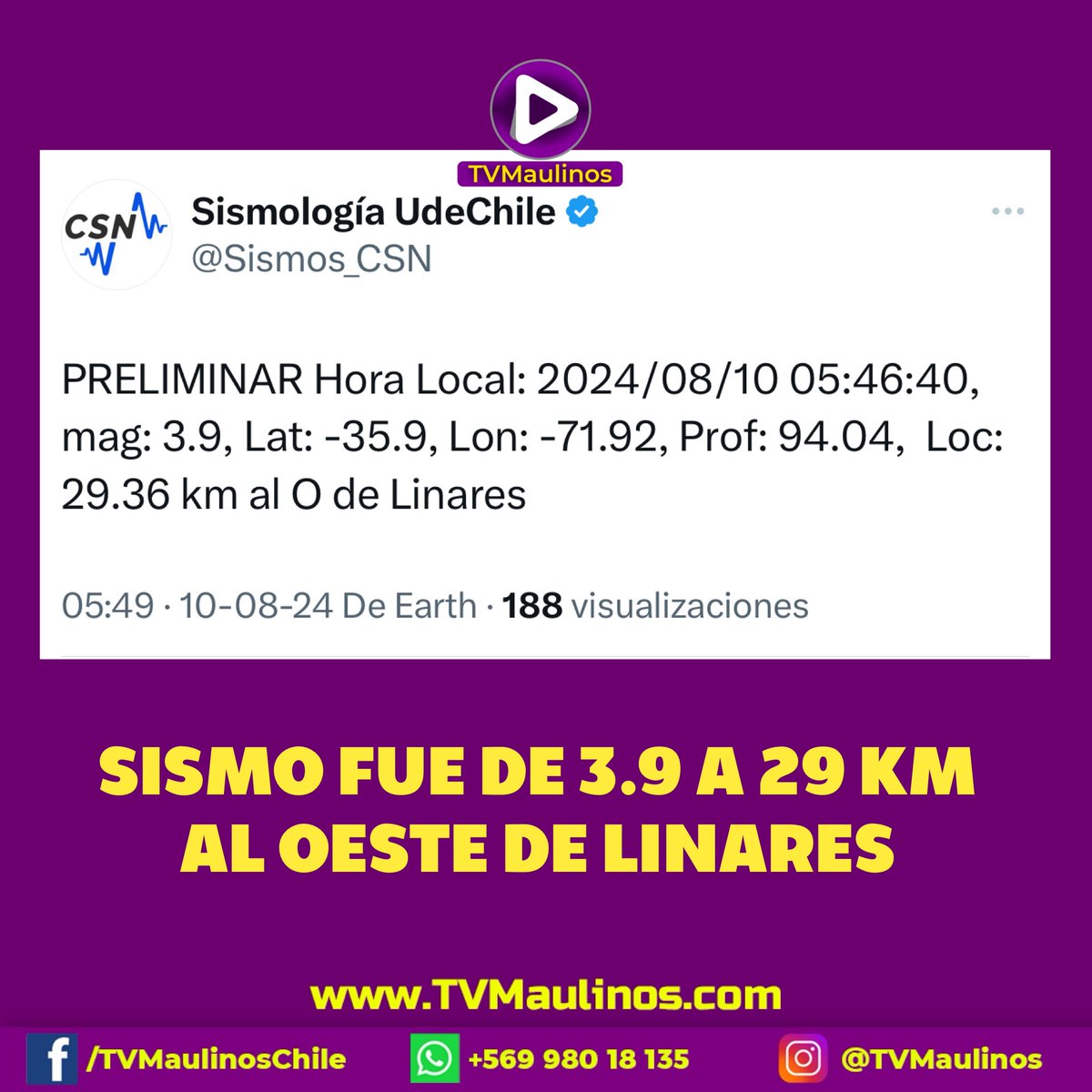 TVMaulinos_'s tweet photo. ACTUALIZACIÓN/ EL SISMO FUE DE 3.9 A 29 KM AL OESTE DE LINARES SEGÚN Sismología de la Universidad de Chile. https://t.co/rDzETsVTGp
