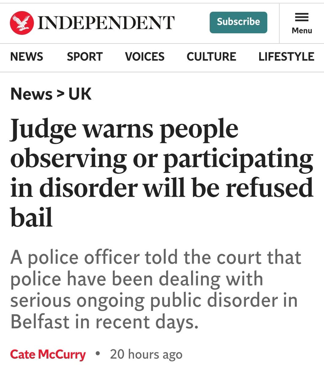 Juez deBelfast encarceló a un chico de 18 por MIRAR la protesta.
No estuvo en la multitud y se fue cuando las cosas se pusieron feas. La policía hizo 1 operativo con apoyo aéreo(!) para arrestarlo.
El juez dice que MIRAR es suficiente y le negó fianza. UK ha caído en el comunismo