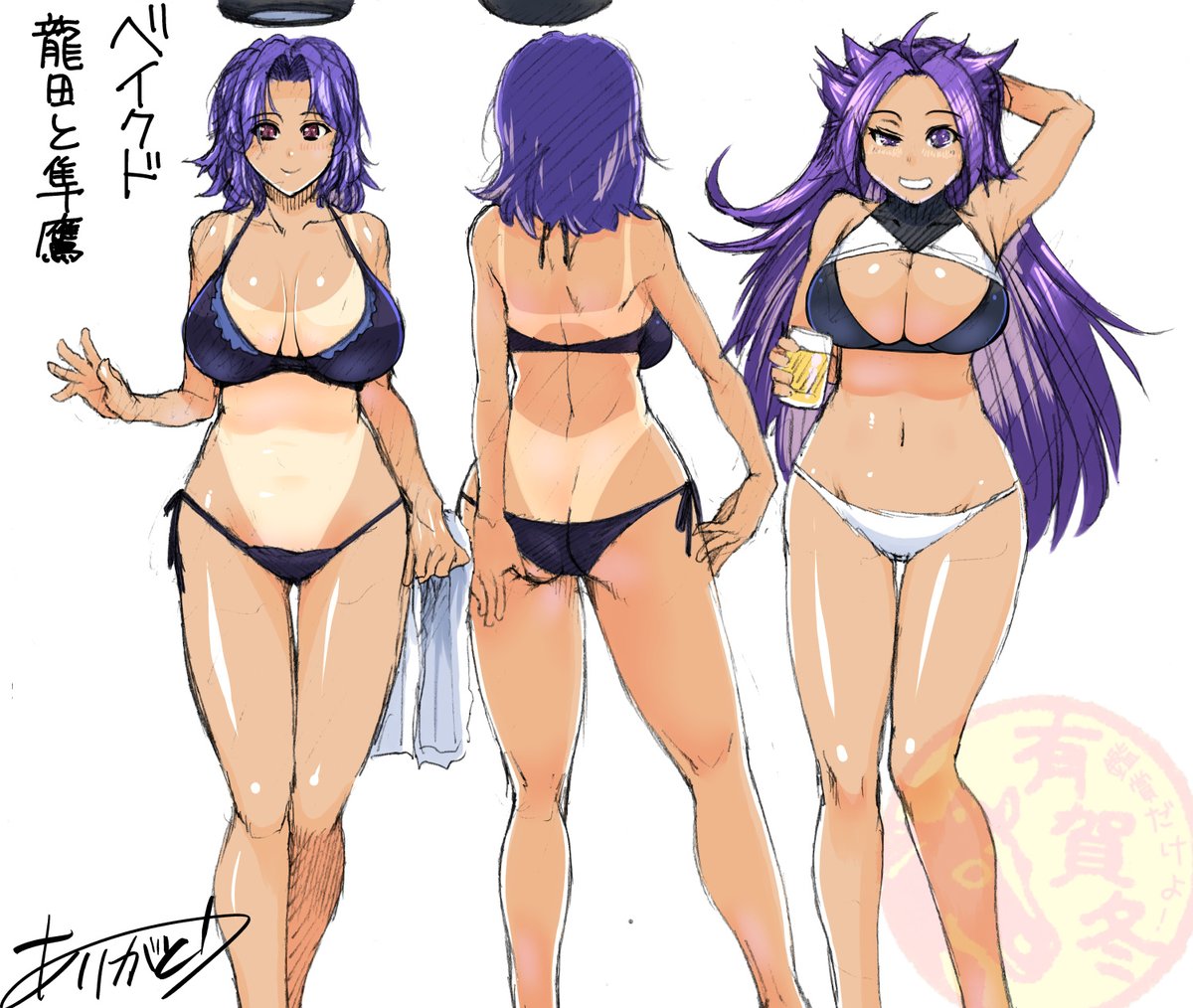 画像整理してたら、昔の薄い本用にデザインした水着龍田と隼鷹出てきたので簡単に色つけた。確かラフのみでは過去に出したけど色は初めてつけた ……今の絵との差異を減らそうとしたら胸部装甲の強化が必要になり、自分も変わっていることを実感した