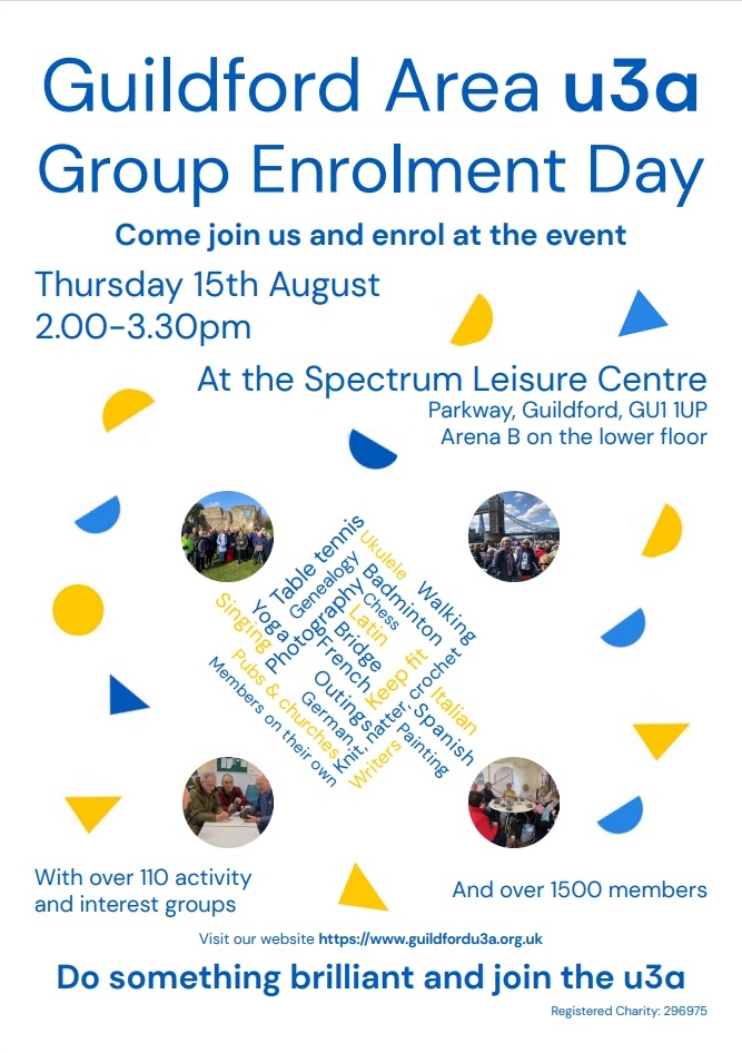 Group Enrolment Day on 15 Aug, 2-3.30pm. Chat to our Group Leaders and choose from over 110 groups such as languages, arts, crafts, games, music, science, history, walks and outings: something for everyone who is retired or not working full-time #u3a #Gu3a #retirement #Guildford