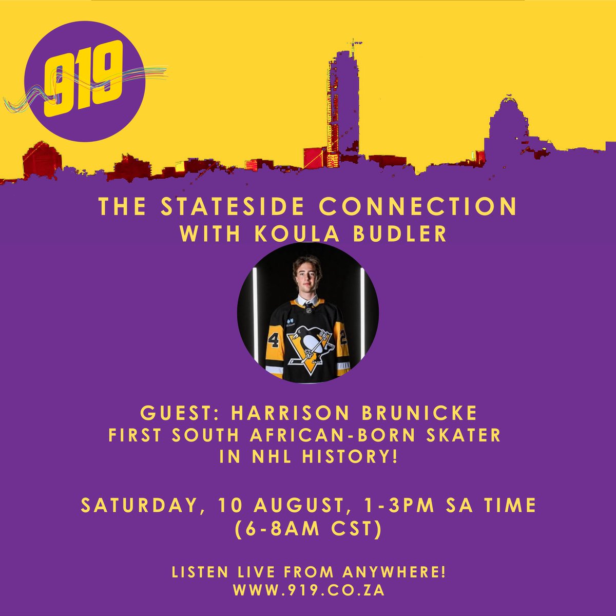 Back on air in 🇿🇦 today from 1pm SA time on <a href="/Ifeel919/">919 FM</a>. Stream us online at 919.co.za if you’re outside Jhb. 
My guest is <a href="/hbrunicke06/">Harrison Brunicke</a> &amp; we’re talking ice hockey. He recently signed a contract with <a href="/penguins/">Pittsburgh Penguins</a>… making him the first SA-born skater in NHL history!