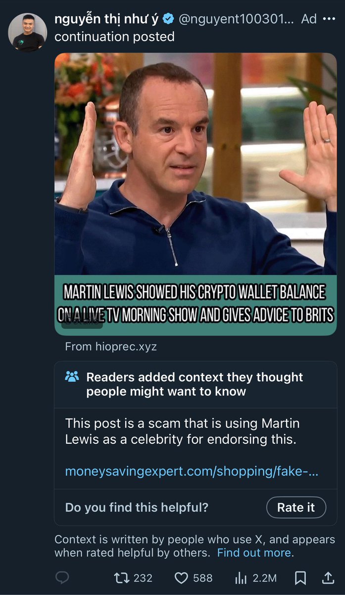 This is a scam ad, leading to a fake website with <a href="/BBCNews/">BBC News (UK)</a> branding.

It has been seen by 2.2m, confirmed fake by @x’s own guardians of truth and yet @x is still running it, getting a % of a #scam they are warning about.

<a href="/elonmusk/">Elon Musk</a> loves free speech, but lies have to be paid for.