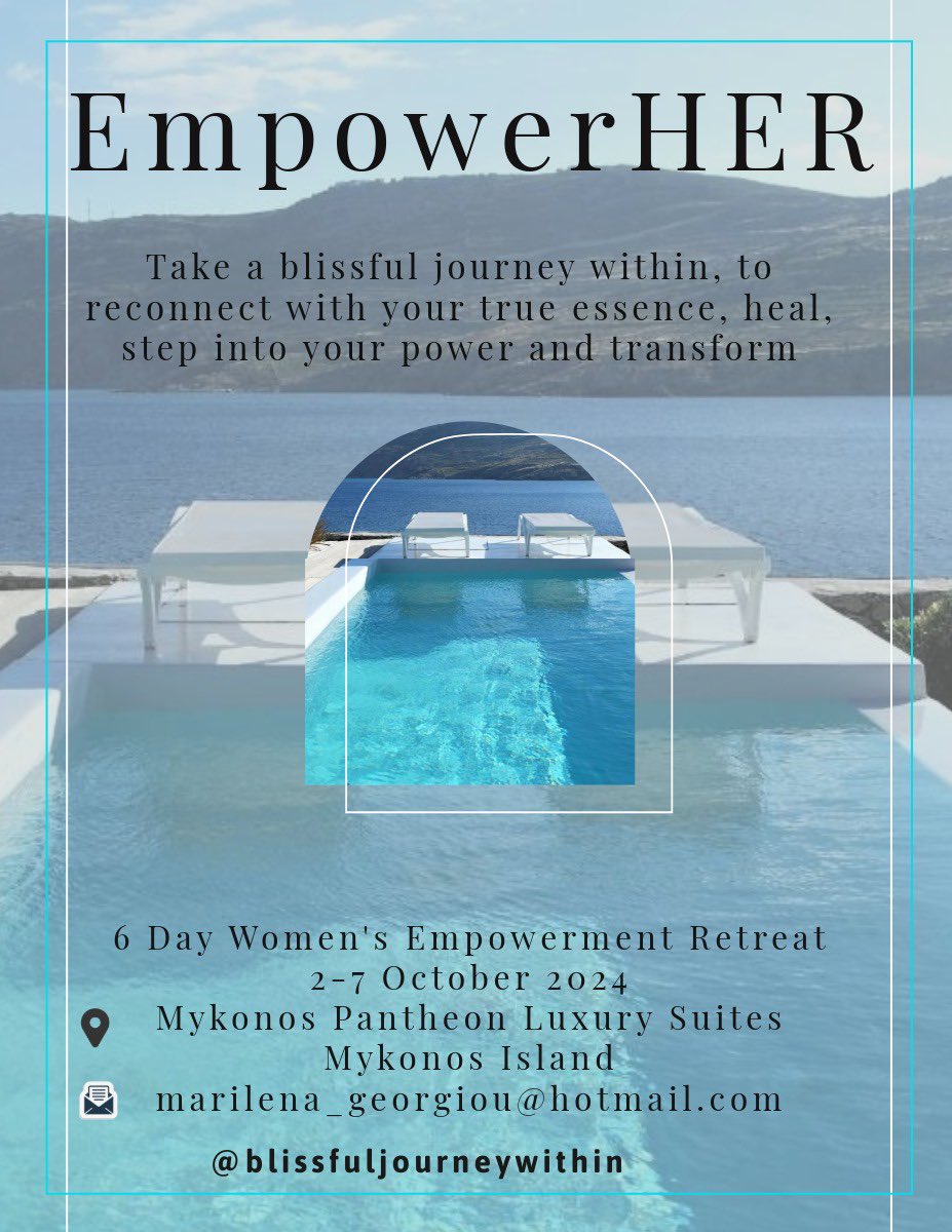 Embark on a blissful journey within at our luxurious spiritual retreat. Indulge in holistic wellness and discover profound inner peace. #WomenEmpowerment #Empowerment #blissfuljourney #empowerher #spiritualretreat #luxury #mykonos