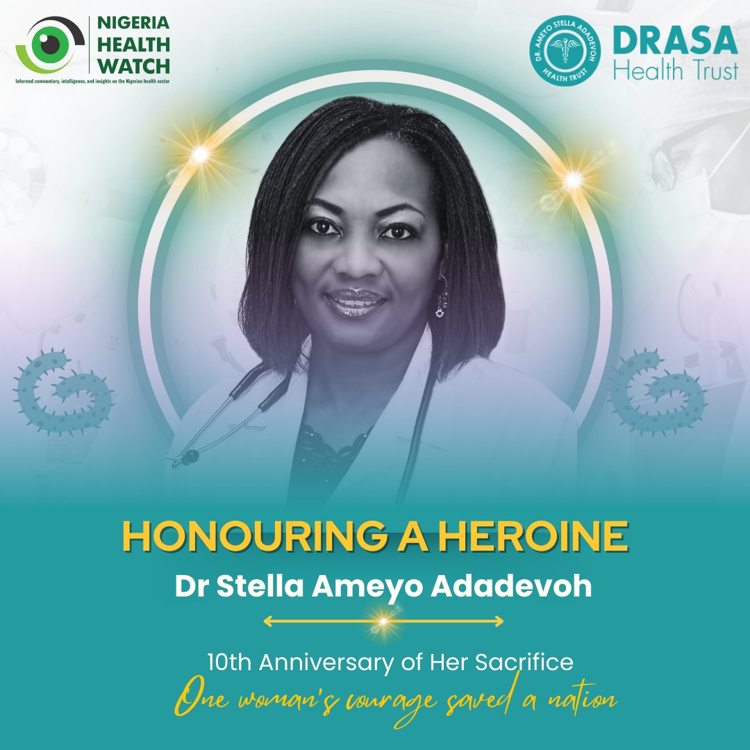 nighealthwatch's tweet photo. Dr Stella's Sacrifice Lives On!

10 years ago, Dr Stella Adadevoh stood as a barrier between Ebola and millions of lives. Her swift actions and bravery reflected her deep dedication to protecting humanity.

What does Dr Adadevoh's heroism mean to you?
Tell us using the hashtag: #DrAdadevohLivesOn