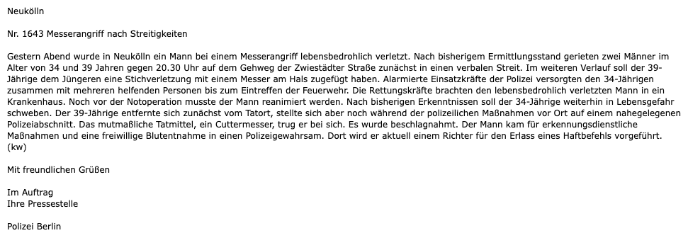 Michael_Leh's tweet photo. #Berlin #Neukölln #Polizei:
"#Messerangriff nach Streitigkeiten"
"Gestern Abend wurde in Neukölln ein Mann bei einem Messerangriff lebensbedrohlich verletzt (...) Noch vor der #Notoperation musste der Mann reanimiert werden."
Siehe PM: https://t.co/FSe1VcLpwB