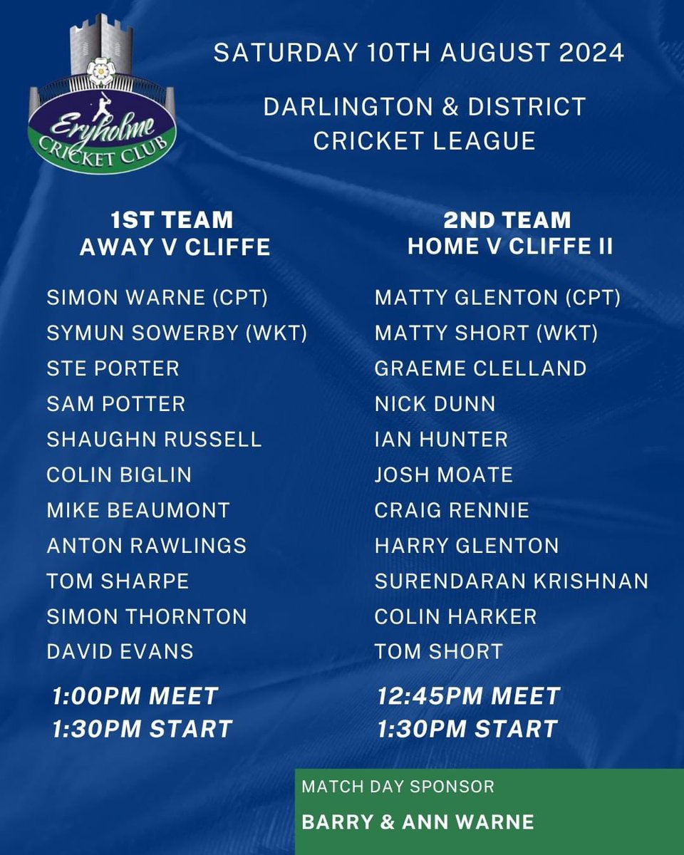 Today's teams, as both sides face off against Cliffe this afternoon.

Hopefully we have two positive results to celebrate at our BBQ event this evening 🤞

Thanks to this week's match day sponsors, Barry &amp; Ann Warne. Your  support is much appreciated.

🏏

#UpTheHolme