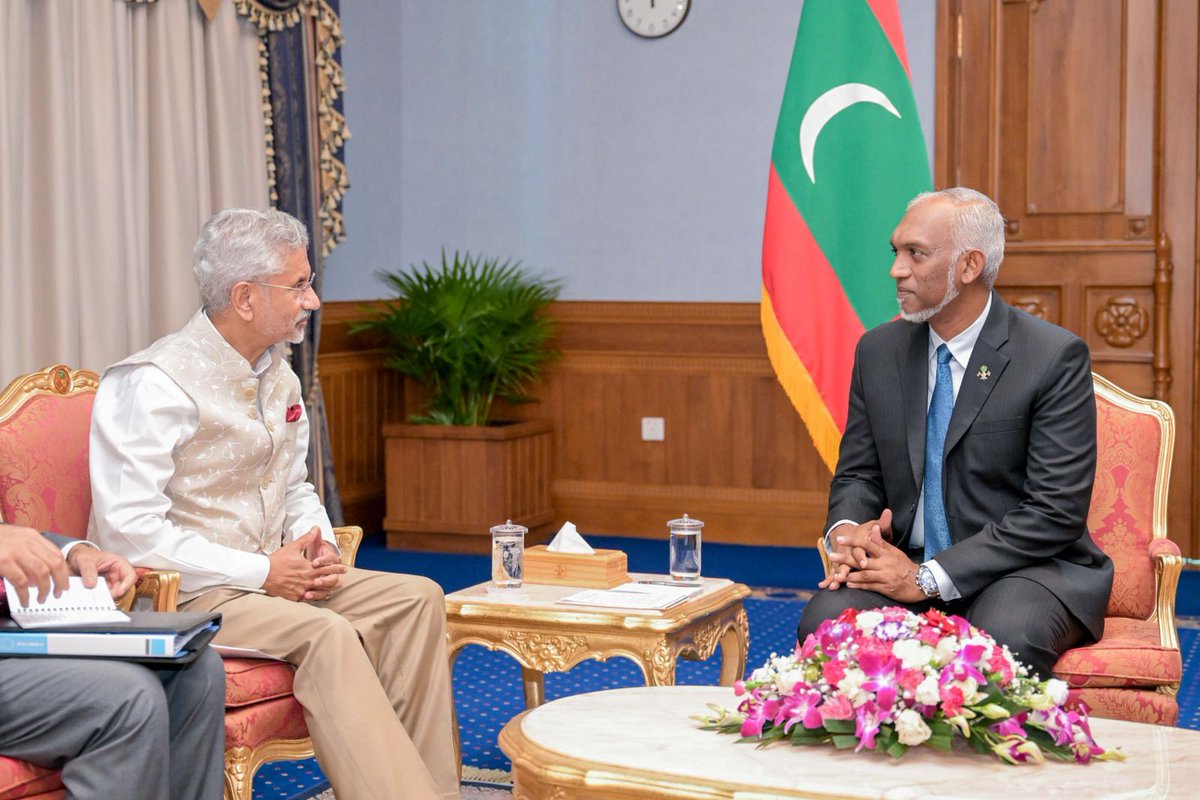 MMuizzu's tweet photo. It was a pleasure to meet @DrSJaishankar today and join him in the official handover of water and sewerage projects in 28 islands of the Maldives. I thank the Government of India, especially Prime Minister @narendramodi for always supporting the Maldives. Our enduring partnership continues to strengthen, bringing our nations closer through cooperation in security, development, and cultural exchange. Together, we build a brighter, more prosperous future for the region.