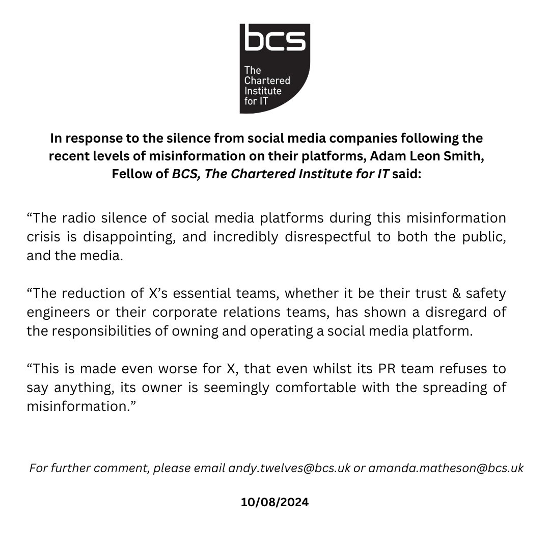 Speaking to <a href="/GrahamJFraser/">Graham Fraser</a> from <a href="/BBCTech/">BBC News Technology</a> about the silence of social media companies following the recent levels of misinformation on their platforms, Adam Leon Smith, Fellow of <a href="/bcs/">BCS, The Chartered Institute for IT</a> said: