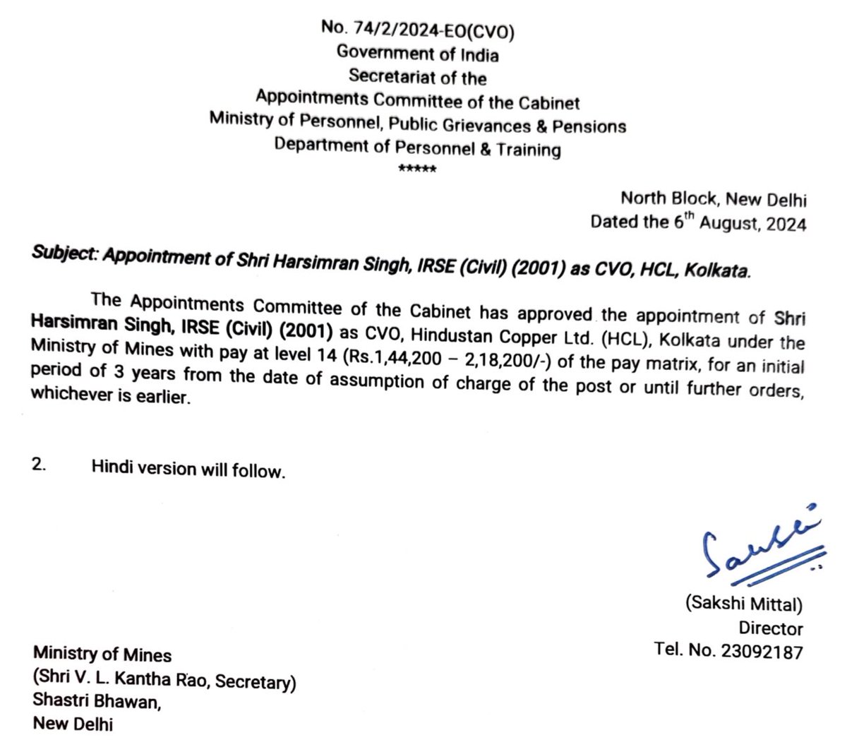 Railwhispers's tweet photo. #ACC approved the appointment of a very honest officer, #HarsimranSingh, #IRSE-2001 (#Civil) as #CVO/Hindustan Copper Ltd. (#HCL), Kolkata under the Ministry of Mines.

Congratulations sir 💐💐💐

@CVCIndia @MinesMinIndia @RailMinIndia @serailwaykol @RailSamachar @RailVisionTV https://t.co/kMp4WiKJd7
