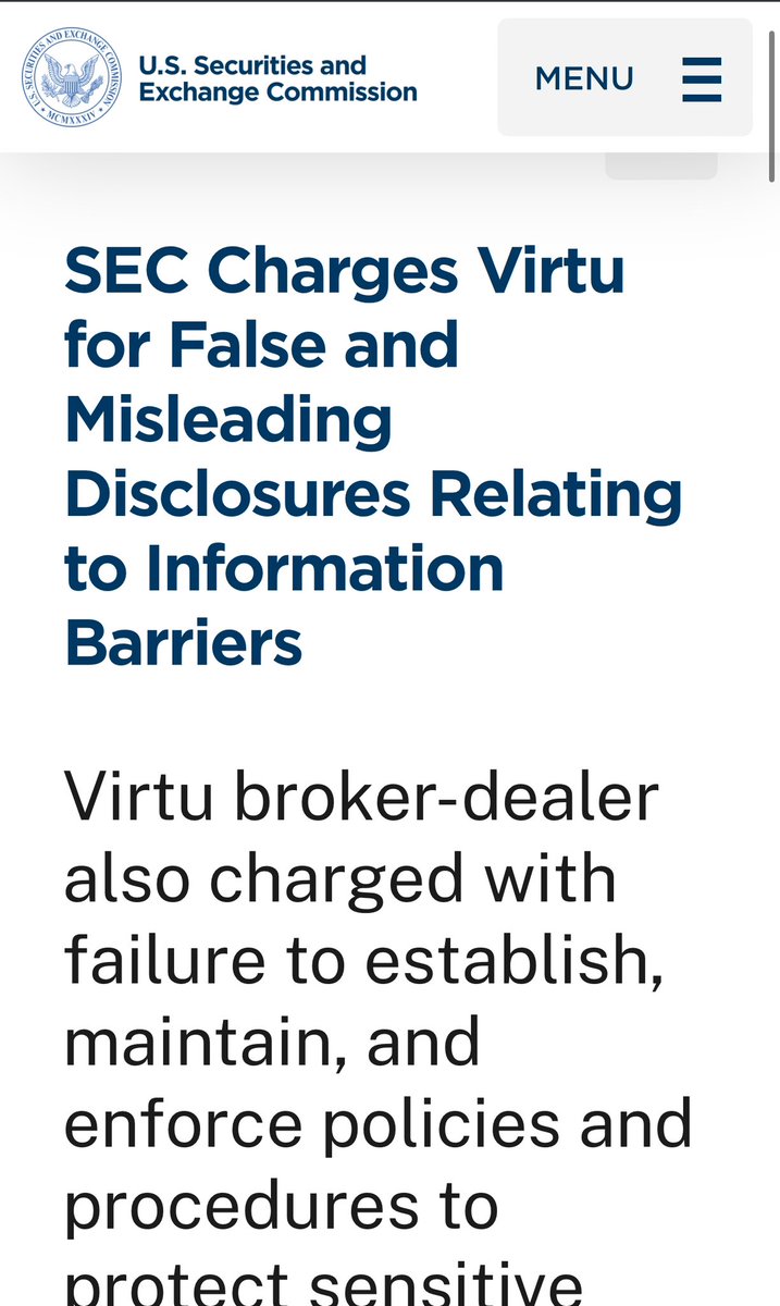 kshaughnessy2's tweet image. Looks like Virtu Financial is headed to the discovery phase of its battle with the SEC 

Virtu Financial's motion to dismiss the SEC's case against the market maker is denied. 

The SEC accused  the market maker of giving employees access to customer information and trading off