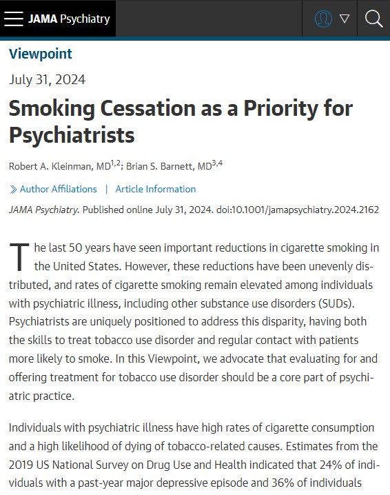 JAMA Psychiatry (@jamapsych) on Twitter photo Most viewed in the last 7 days from <a href="/JAMAPsych/">JAMA Psychiatry</a>:
Viewpoint argues that psychiatrists should take an active role to address cigarette smoking in patients.
ja.ma/3YEwQLH Most viewed in the last 7 days from <a href="/JAMAPsych/">JAMA Psychiatry</a>:
Viewpoint argues that psychiatrists should take an active role to address cigarette smoking in patients.
ja.ma/3YEwQLH