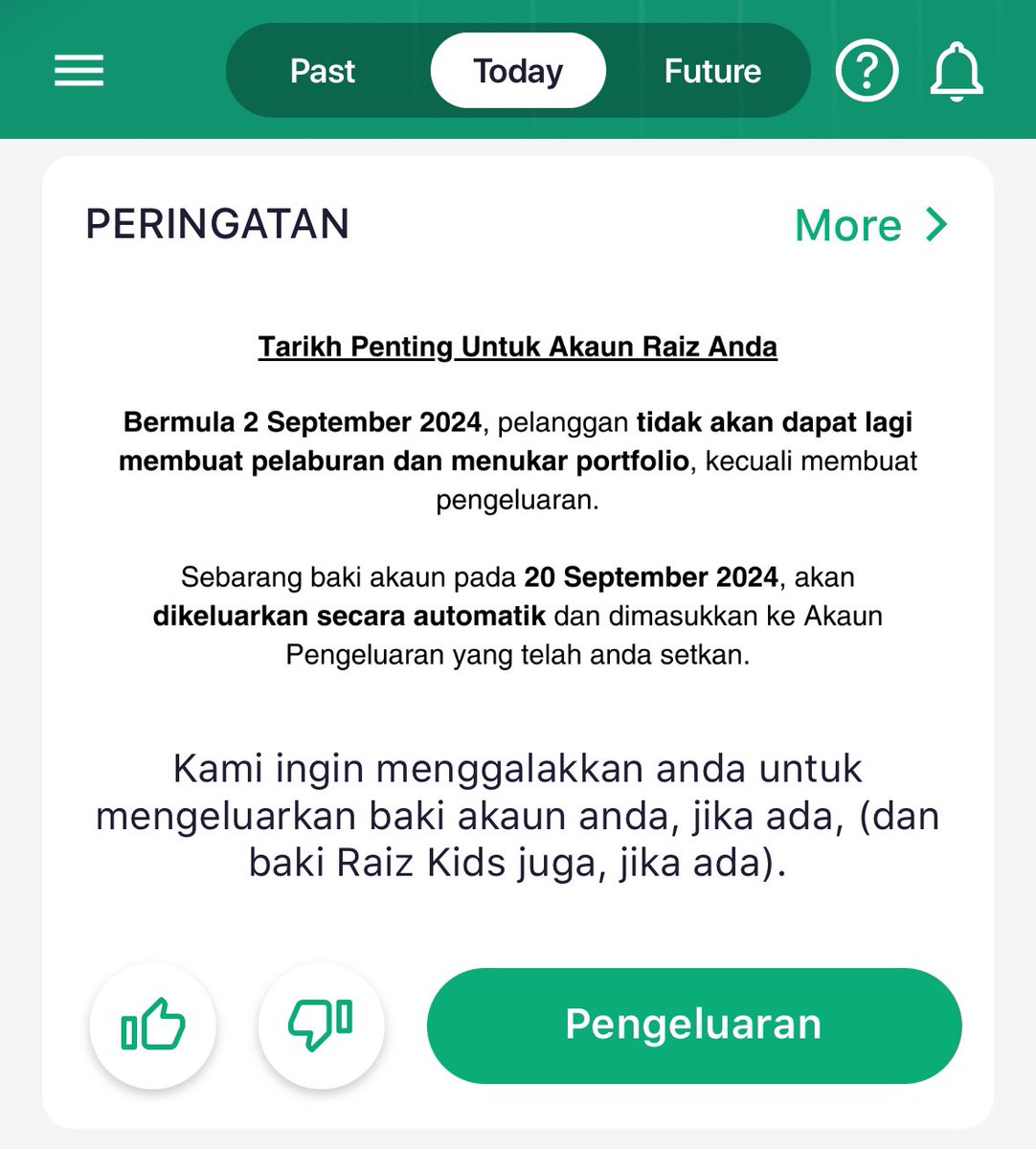 bumenamia's tweet photo. Tindakan segera kepada semua pelanggan Raiz.
Bermula 2/9/24, tidak boleh buat pelaburan atau tukar portfolio lagi.
Selepas 20/9/24, baki akaun akan dikeluarkan secara automatik.
#raiz #invest #malaysia https://t.co/ooMrBR2GWC