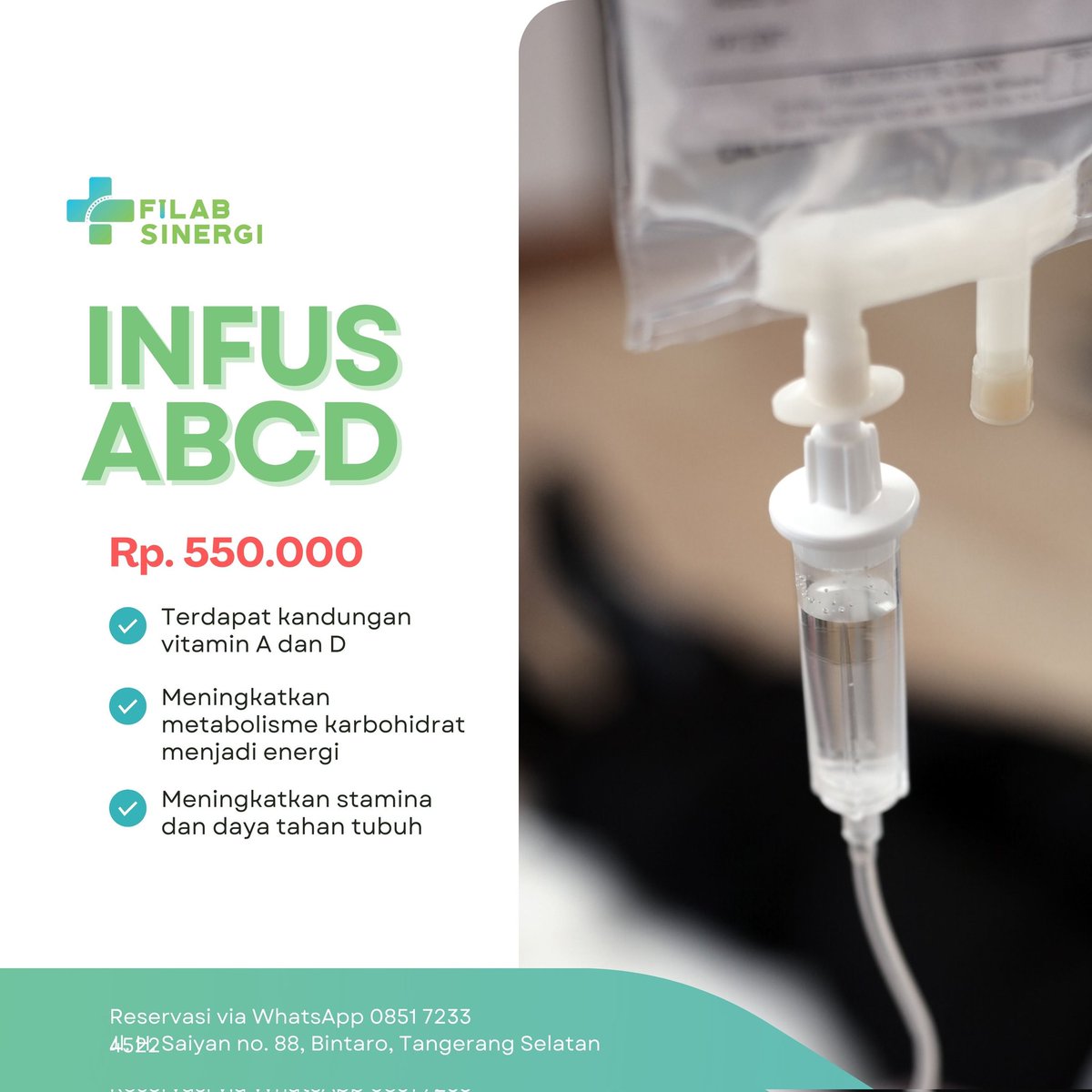 Infus vitamin tidak hanya bisa dilakukan oleh orang yang sakit. Infus juga bisa digunakan untuk meningkatkan daya tahan tubuh dan stamina. Yuk, segera infus vitamin ABCD di <a href="/FilabSinergi/">Klinik Filab Sinergi</a>! 🥰

🏠 Melayani treatment &amp; infus home/office service 
📲 Reservasi whatsApp  0851 7233 4522