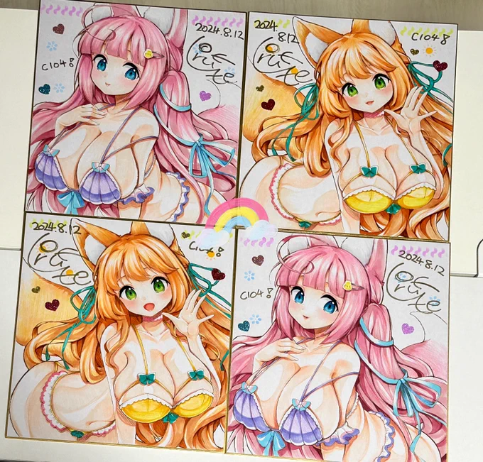 C104にて頒布する直筆色紙、完成しました〜!4種でサイズは大きいサイズのみとなります。参加は夏コミ2日目になります。ぜひぜひよろしくお願いします〜 