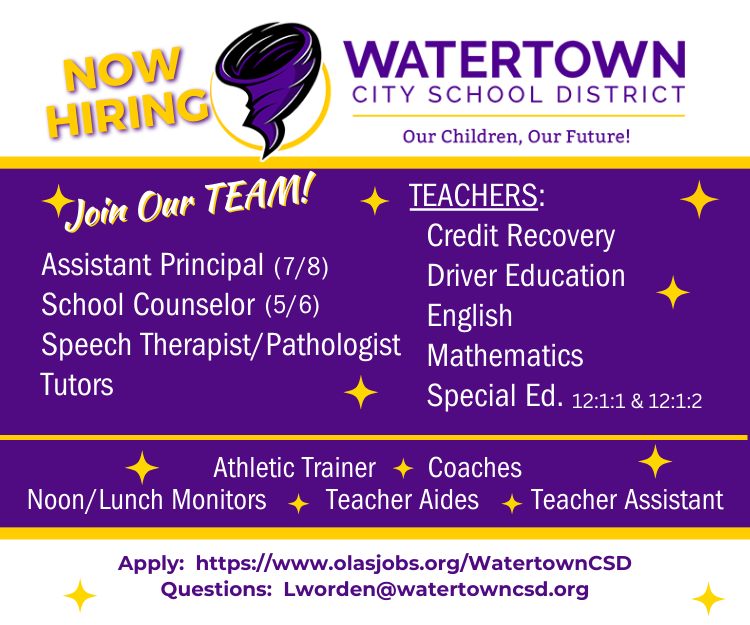 WCSDCyclones's tweet image. ✨Join our team! ✨Now Hiring!
Go to olasjobs.org/WatertownCSD to learn more and apply!
#CyclonePride 💜
#employment 
#ServeOurSchools
#education
#K12