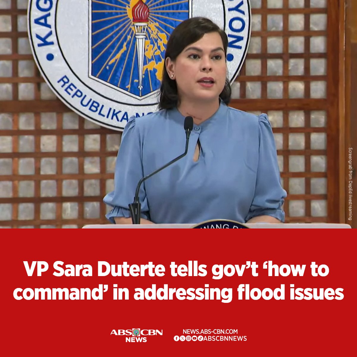ABSCBNNews's tweet photo. Vice President Sara Duterte said she would use her position to “show our government officials how to command”, as she urged the administration to fund infrastructure projects that would address flood control.

READ: https://t.co/NlDyPCxwZ2 https://t.co/SHr3T753mR
