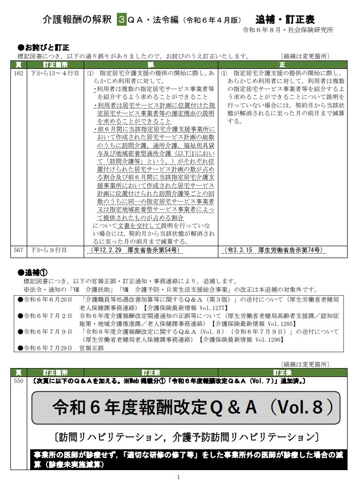 追補・訂正表／ 📗『#介護報酬の解釈 3 QA・法令編（令和6年4月版