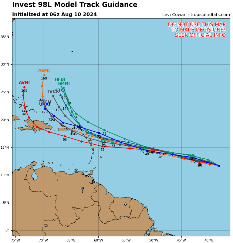 JohnMoralesTV's tweet photo. Durante la noche la onda tropical en boca de todos fue clasificada Invest 98L. Como resultado comienza a publicarse la modelación especializada para perturbaciones tropicales que en conjunto con los modelos meteorológicos globales proveen varias proyecciones de trayectoria👇🏼 https://t.co/puCHb5WgIw
