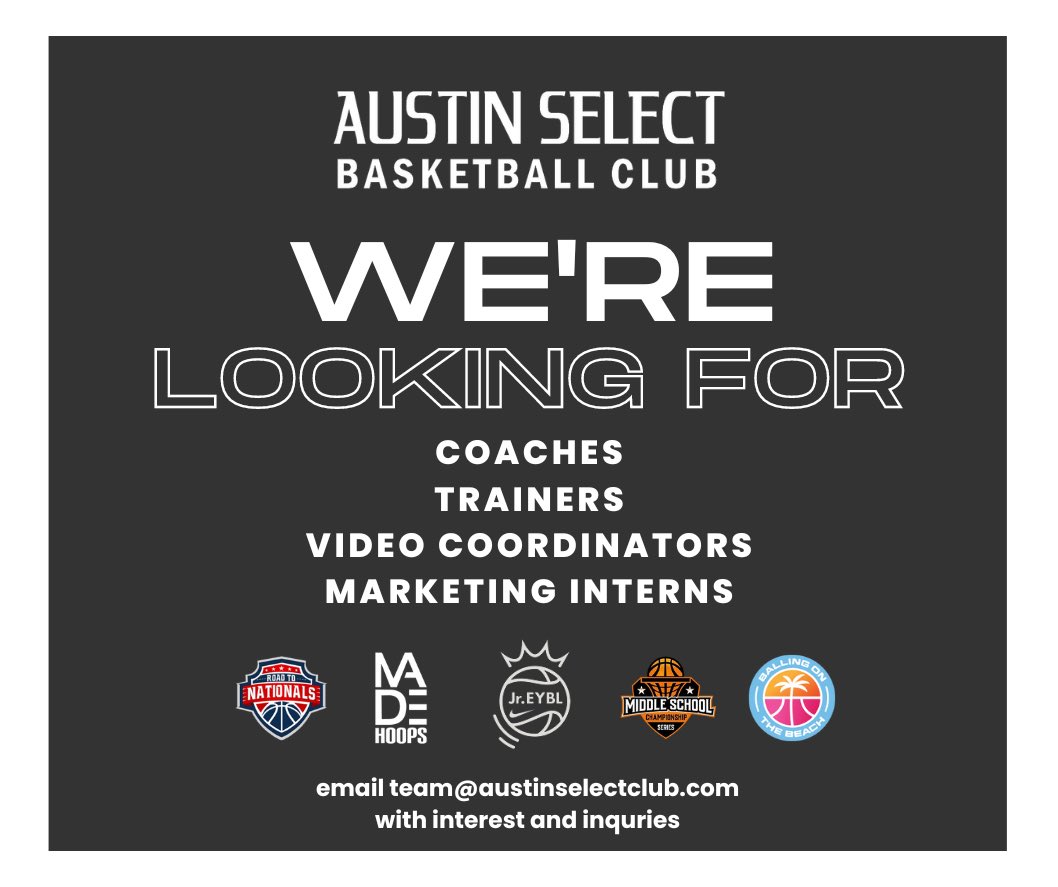 AustinSelect_'s tweet image. Looking to work with Austin Select Basketball Club❓
Austin Select Basketball Club is looking for Coaches, Trainers, Video Coordinators, and Marketing Interns to join the nation’s premier youth basketball organization!
Email team@austinselectclub.com if you are interested!