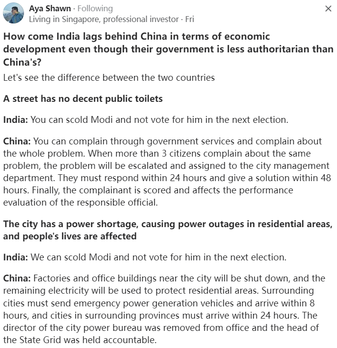 thinking_panda's tweet photo. India's Democracy vs China's Autocracy https://t.co/we9ufBeeV7