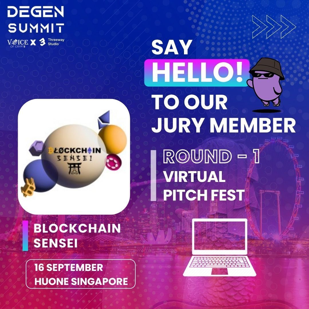 DegensummitOg's tweet photo. Excited to announce @BlockchainSen
a jury member for Round 1 of the Virtual Pitch Fest at the #DegenSummit! 🚀 Join us on 16th #September at #Huone #Singapore for a day of #innovation and groundbreaking #ideas. 🌟
Book now: https://t.co/wQswSsZrfb
#DegenSummit2024 #DemoEve https://t.co/HDip96b87T