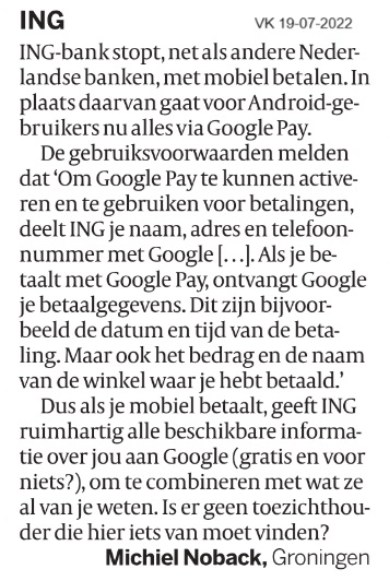Ook ING stapt over naar mobiel betalen met Google en Apple Pay
en zij delen dat met 'derden' voor 'andere diensten' parool.nl/nederland/ook-…

Als je bank je overlevert aan Apple of Google, zou ik direct stoppen met mobiel betalen! #privacy #bank #ING
Beter: betaalpas
Best: contant